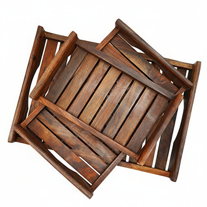 Sylvan Handicrafts Handcrafted Sheesham Wooden Serving Trays – Set of 3