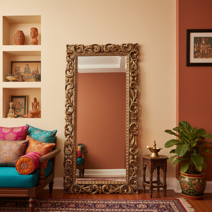 Handcrafted Floral Carved Vintage Decorative Wall Mirror Frame (Frame Only)