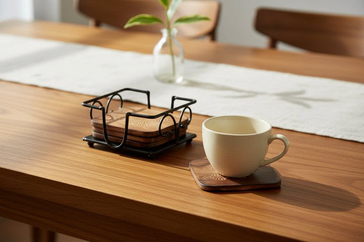 Wooden Tea & Coffee Coasters with Iron Holder
