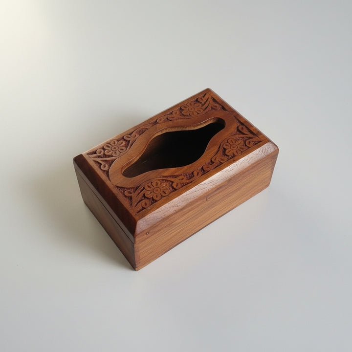 Handcrafted Wooden Tissue Box Cover with Floral Carving | Decorative Wooden Napkin Holder | Tissue Paper Storage Box