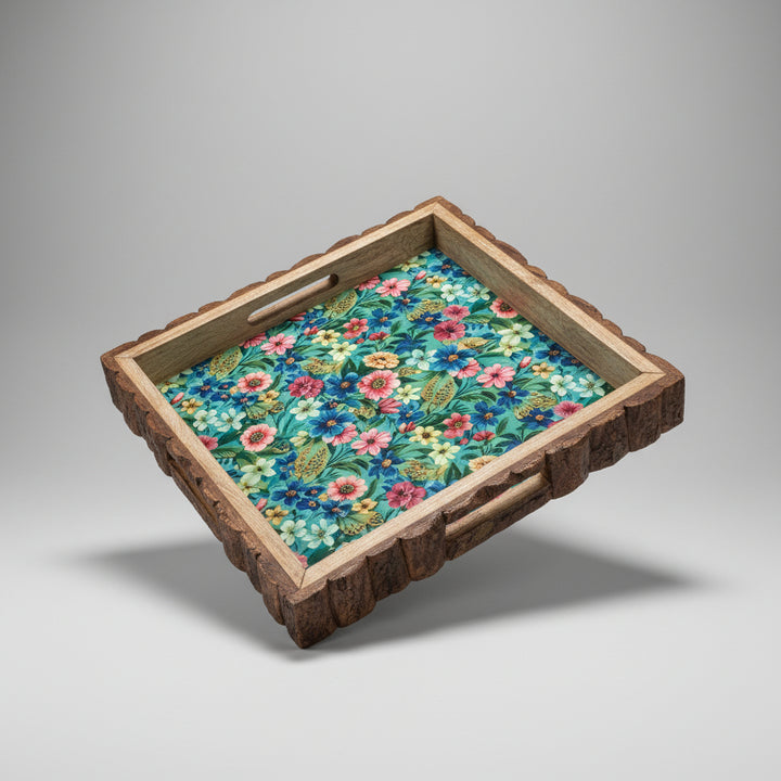 Rustic Wooden Serving Tray with Floral Print | Handmade Mango Wood Breakfast & Coffee Tray with Bark Edge Handles