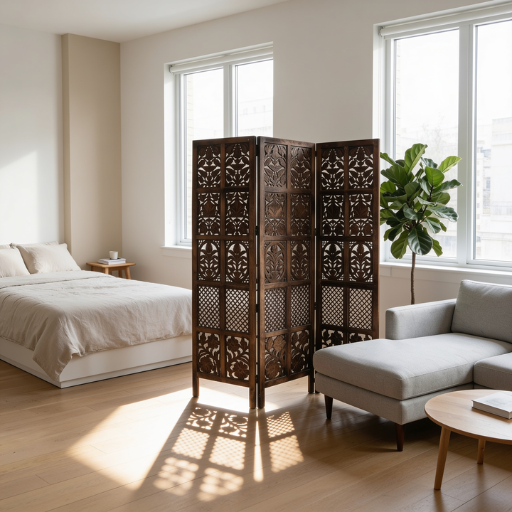 3-Panel Wooden Room Divider – Antique Finish