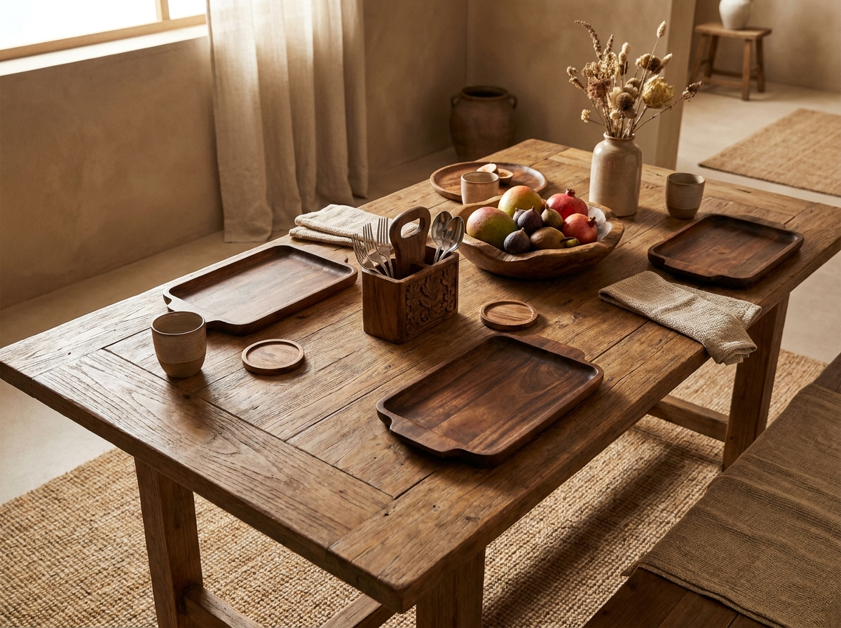 Dining — handcrafted wooden trays and tableware
