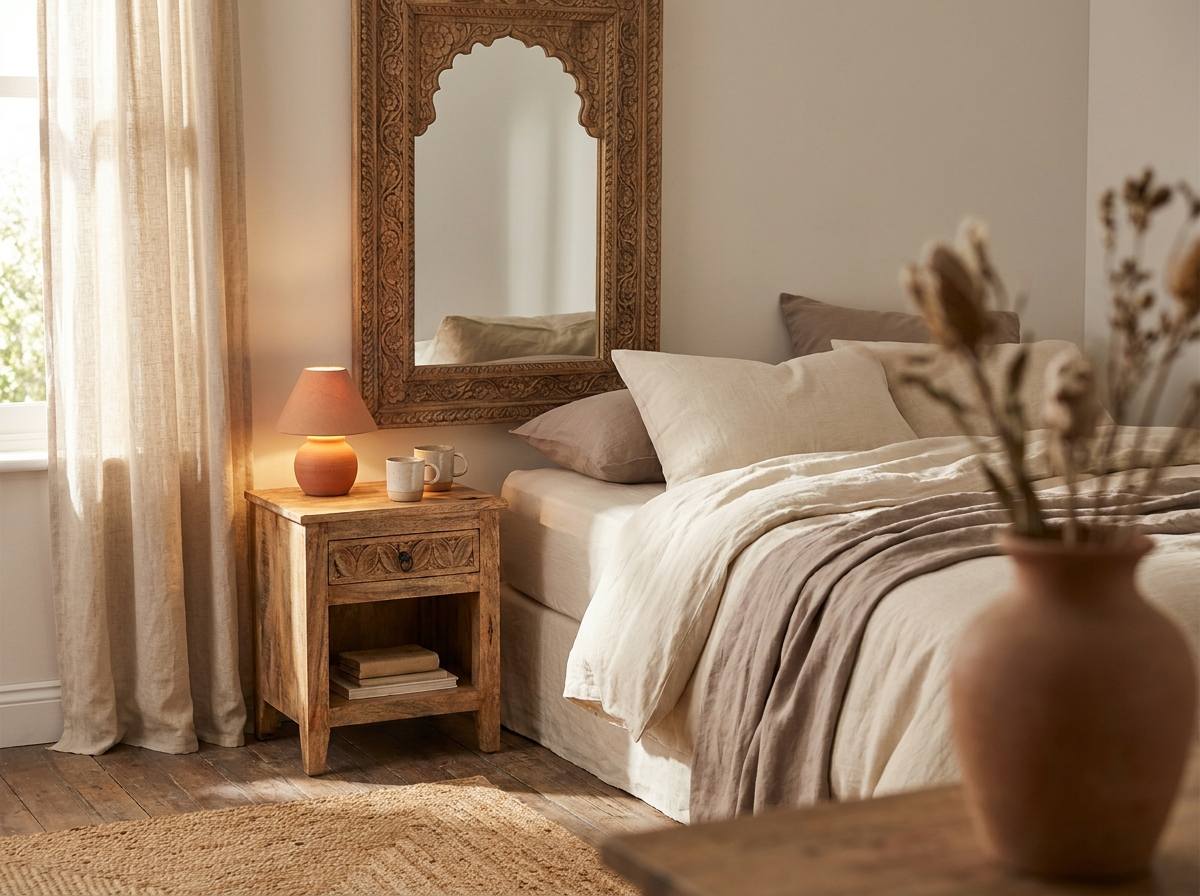 Bedroom — wooden bedside table and mirror