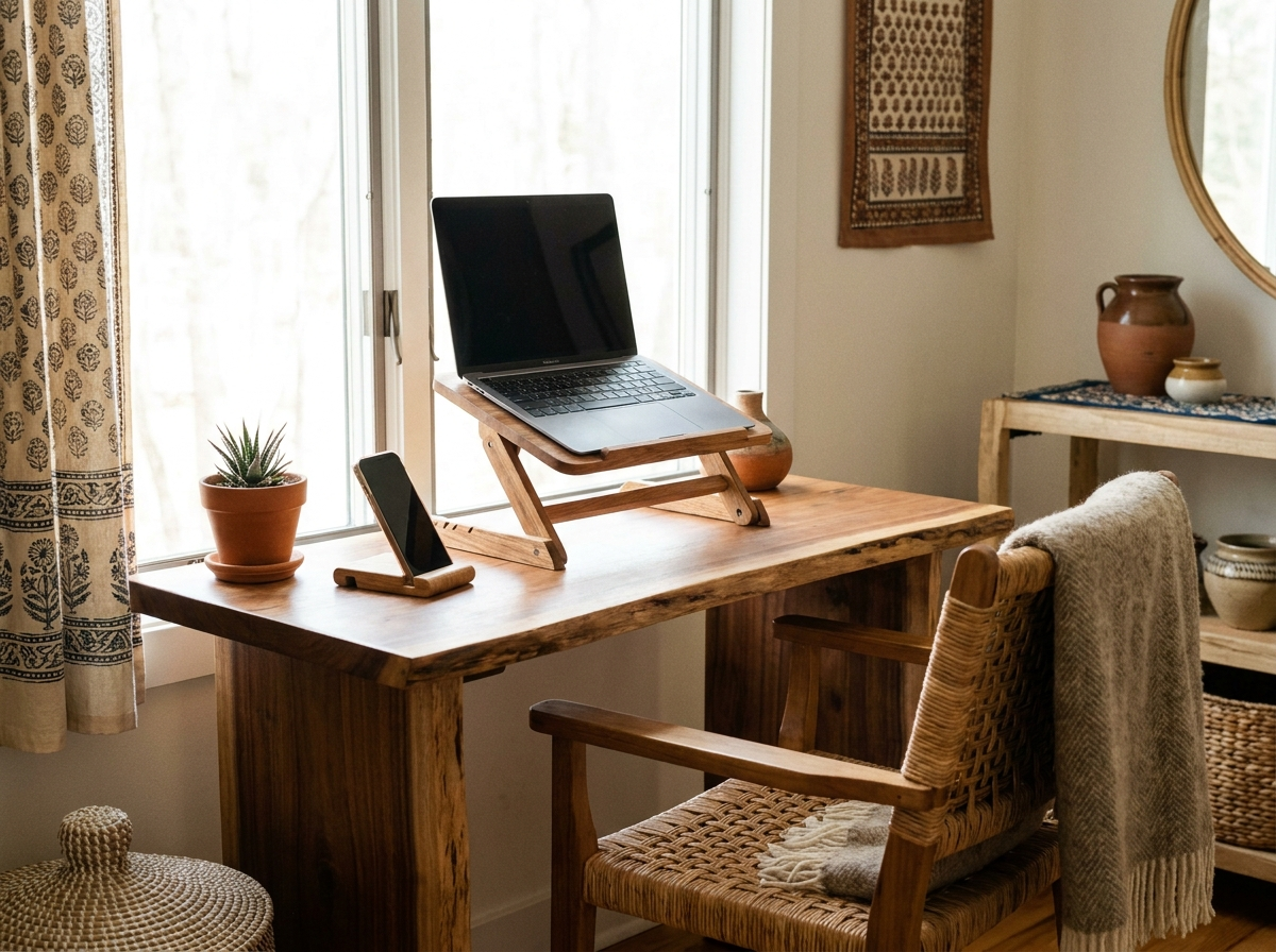 Workspace — wooden desk and laptop stand