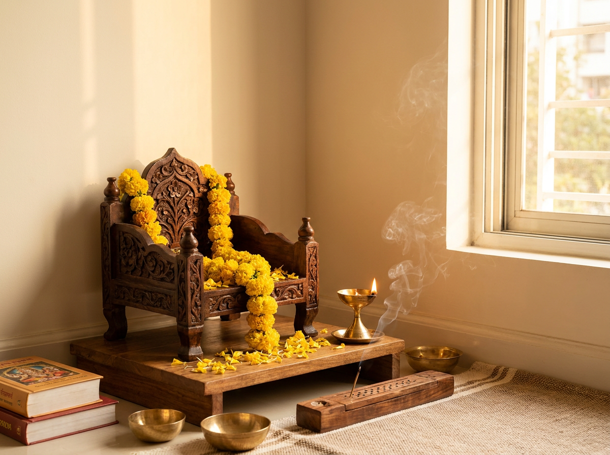 Pooja Corner — wooden sinhasan and diya