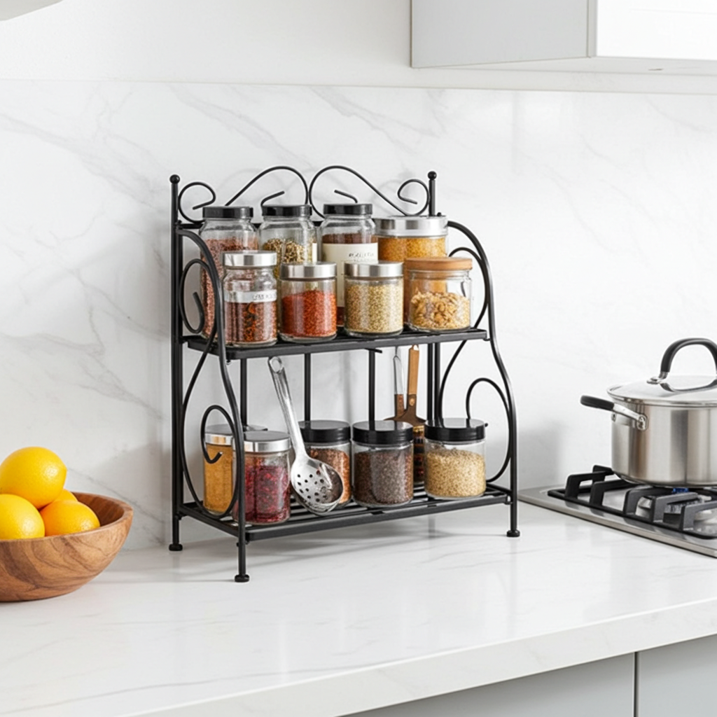 2-Tier Iron Spice Shelf Rack – Brown