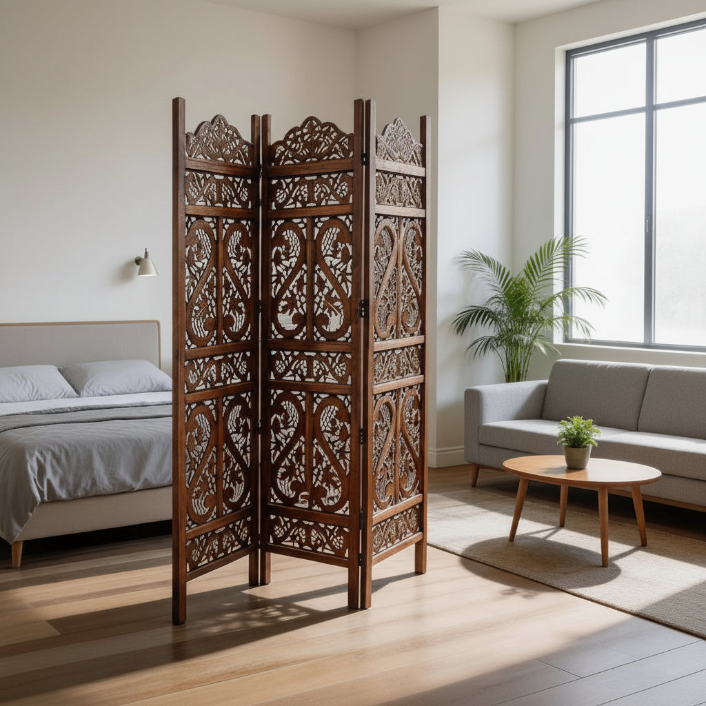 3-Panel Wooden Room Divider – Brown