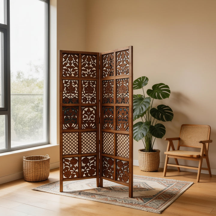 2-Panel Wooden Room Divider – Melamine Finish (Brown)