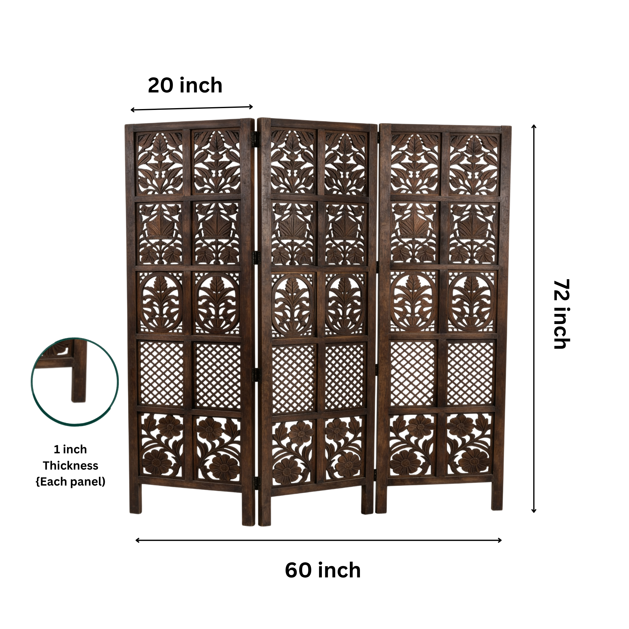 3-Panel Wooden Room Divider – Antique Finish 