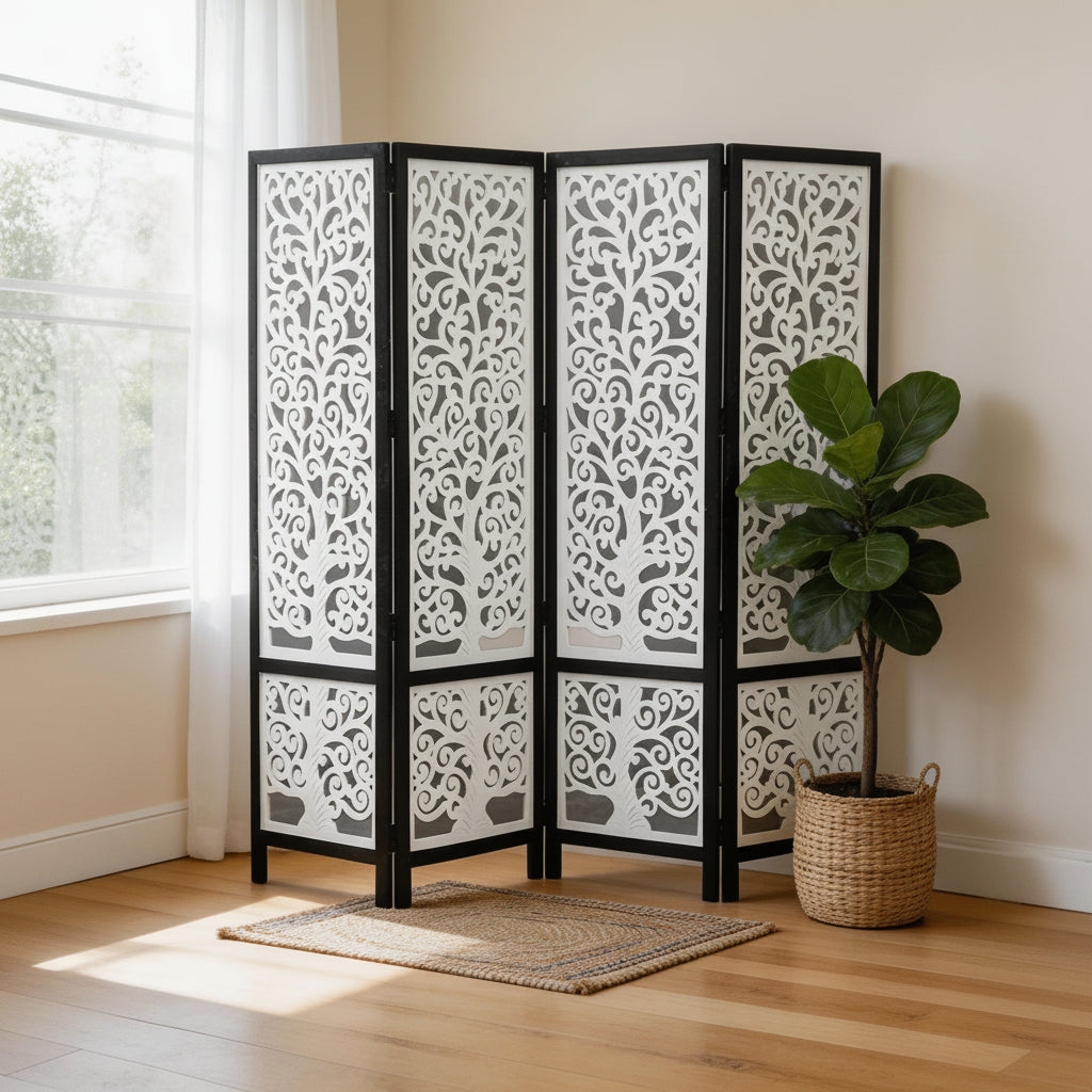 4-Panel Wooden Room Divider – White & Black