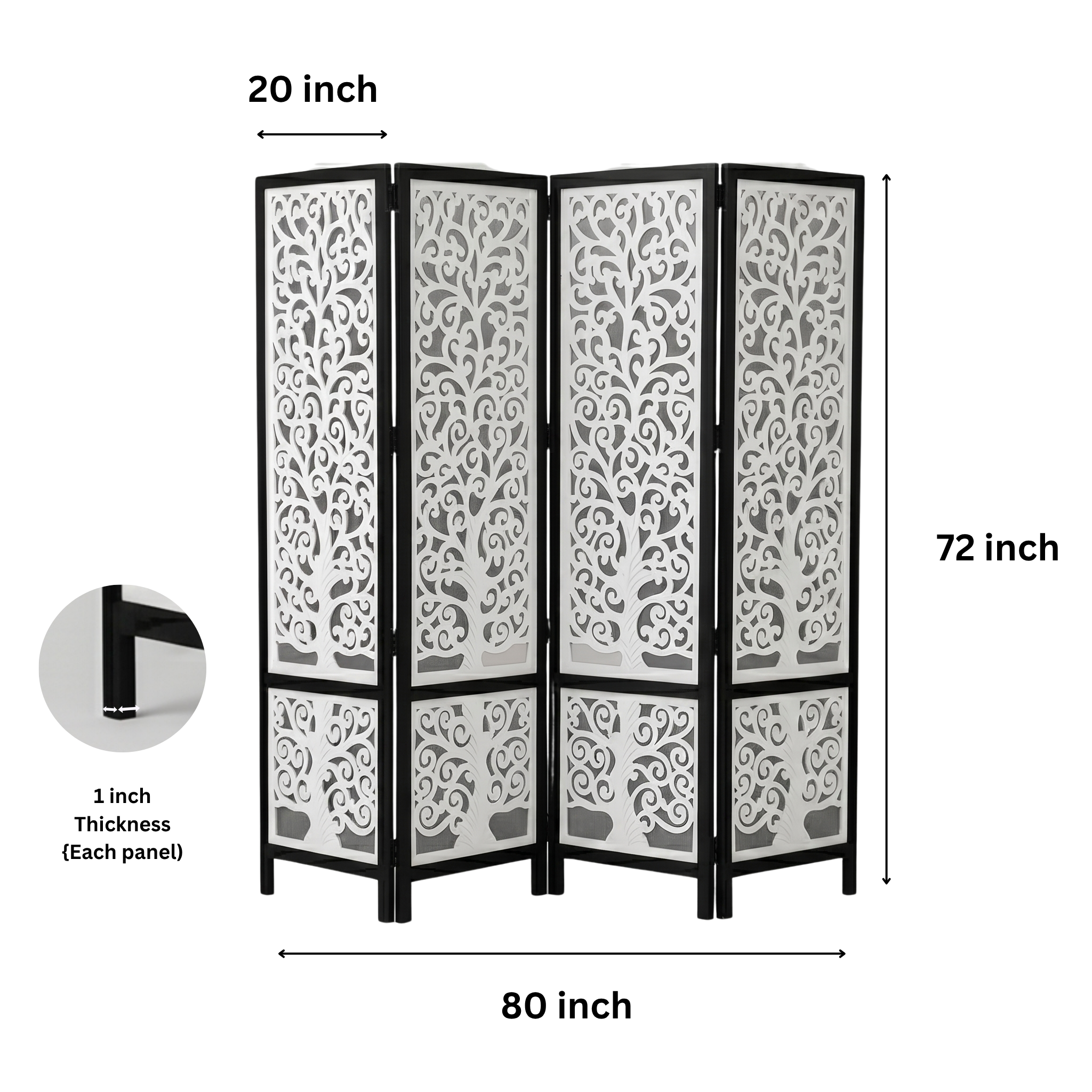4-Panel Wooden Room Divider – White & Black 