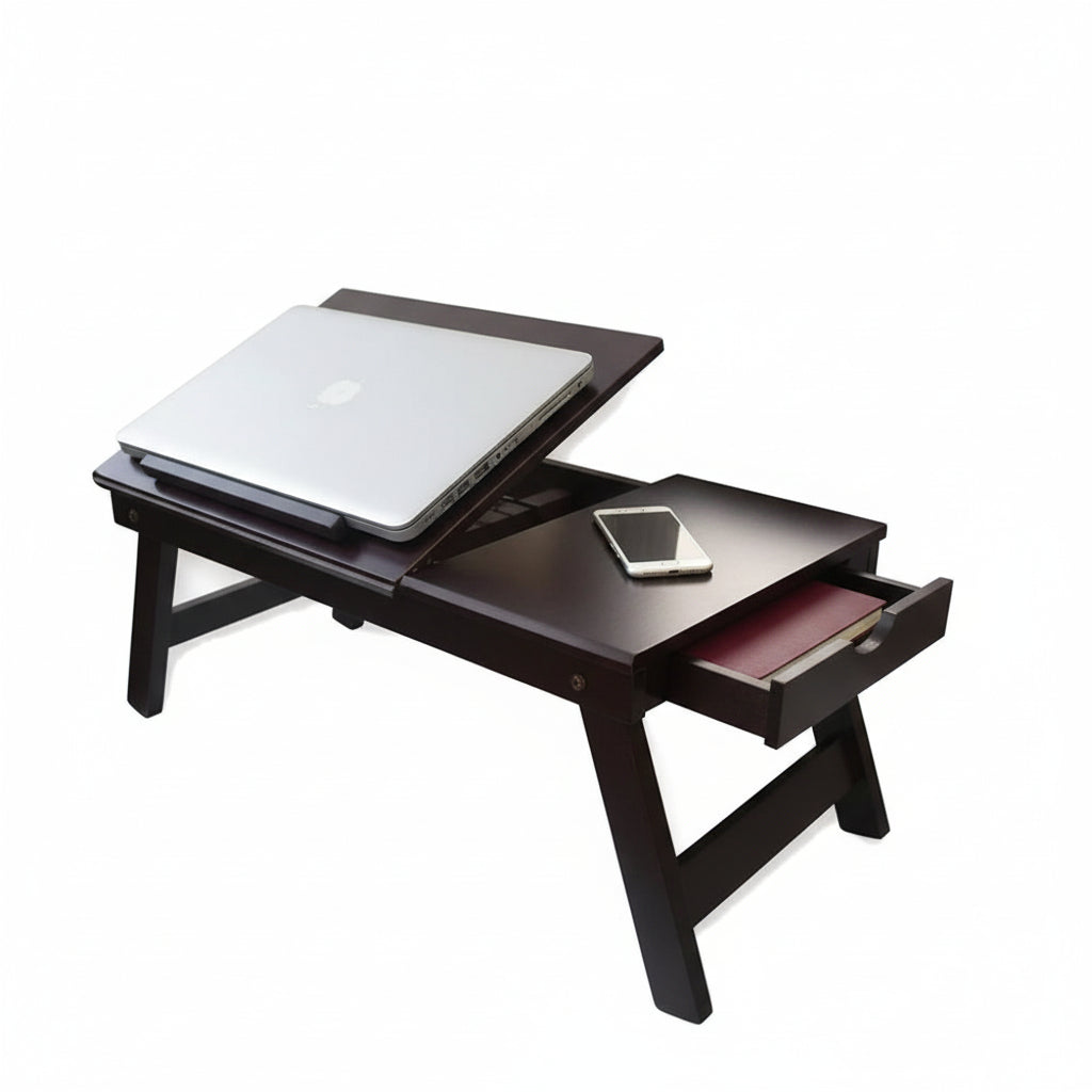 Adjustable Wooden Laptop Table with Drawer – Brown