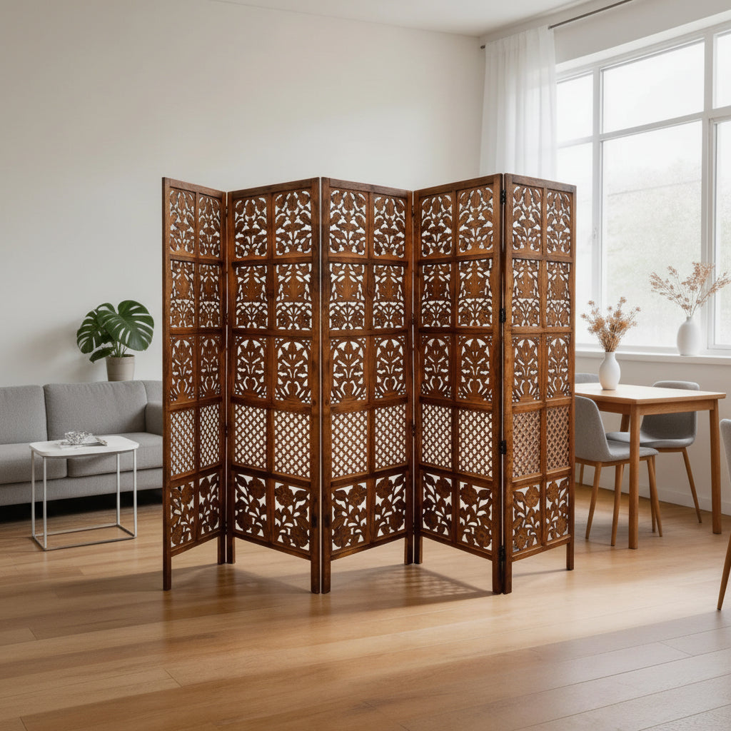 5-Panel Wooden Room Divider – Melamine Finish (Brown)