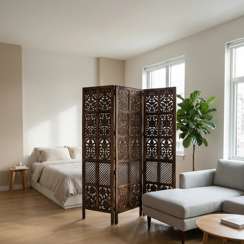 3-Panel Wooden Room Divider – Antique Finish