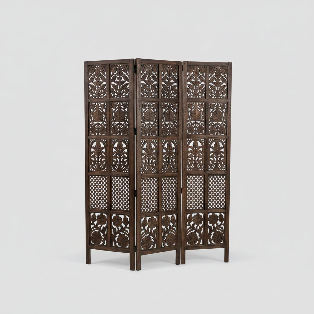 3-Panel Wooden Room Divider – Antique Finish