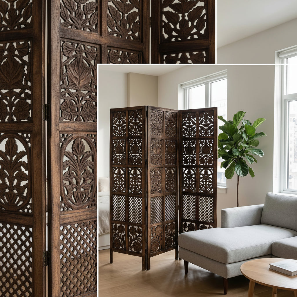 3-Panel Wooden Room Divider – Antique Finish