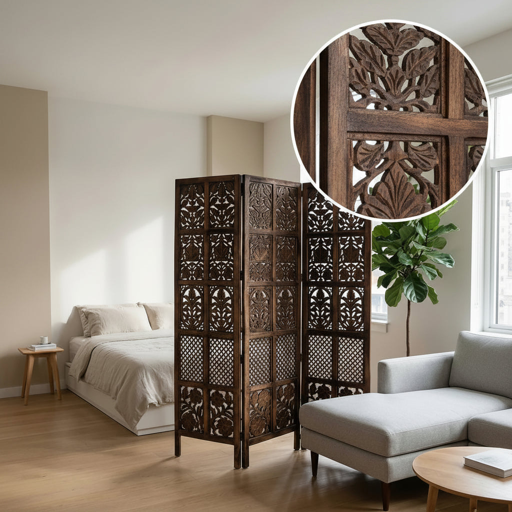 3-Panel Wooden Room Divider – Antique Finish