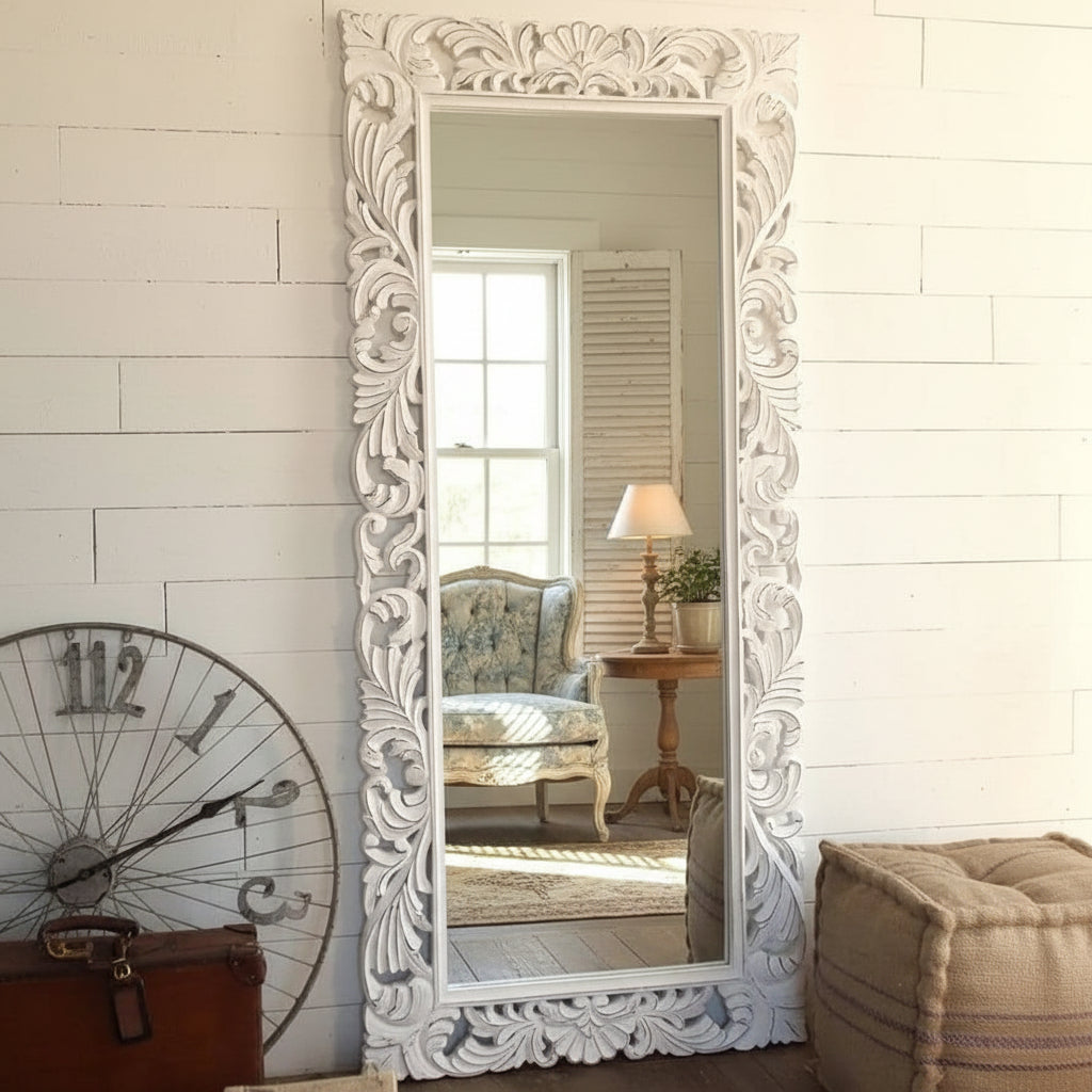 White Antique Carved Wood Mirror Frame by Sylvan Artistry