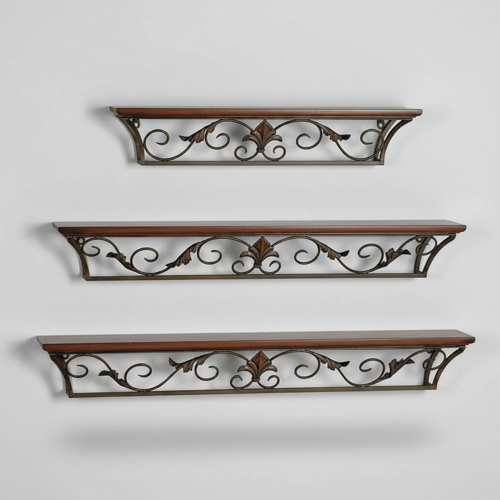 Wooden & Iron Floating Wall Shelves – Set of 3