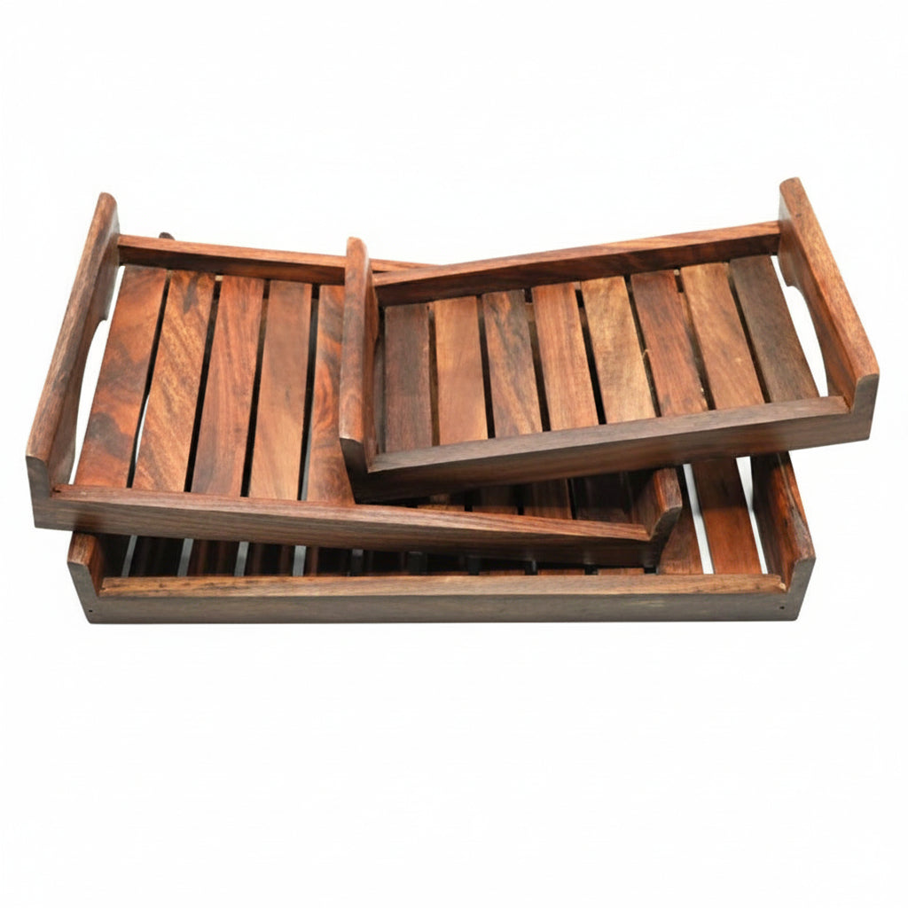 Sylvan Handicrafts Handcrafted Sheesham Wooden Serving Trays – Set of 3