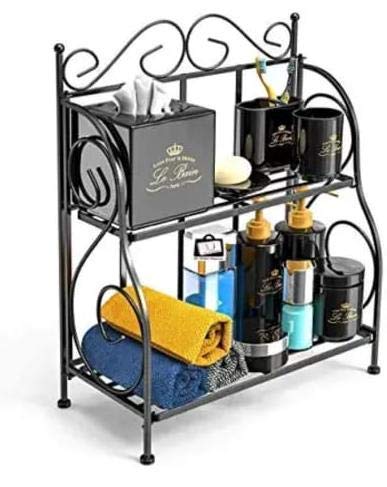 2-Tier Foldable Wrought and Cast Iron Spice Shelf Rack Kitchen Bathroom Countertop Storage Organizer (Brown)