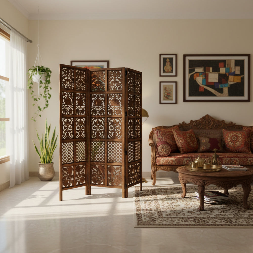 3-Panel Wooden Room Divider – Melamine Finish (Brown)