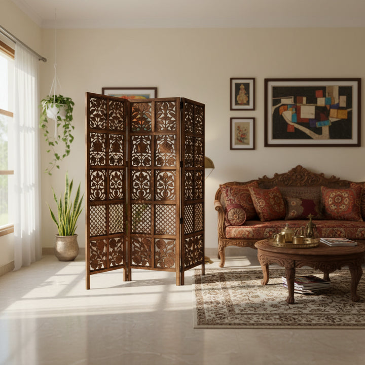 3-Panel Wooden Room Divider – Melamine Finish (Brown)
