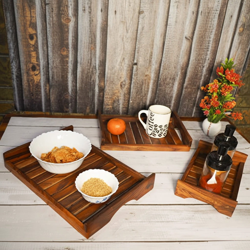 Sylvan Handicrafts Handcrafted Sheesham Wooden Serving Trays – Set of 3