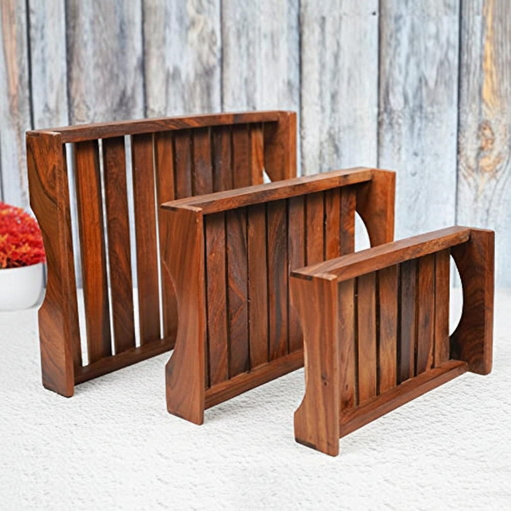Sylvan Handicrafts Handcrafted Sheesham Wooden Serving Trays – Set of 3