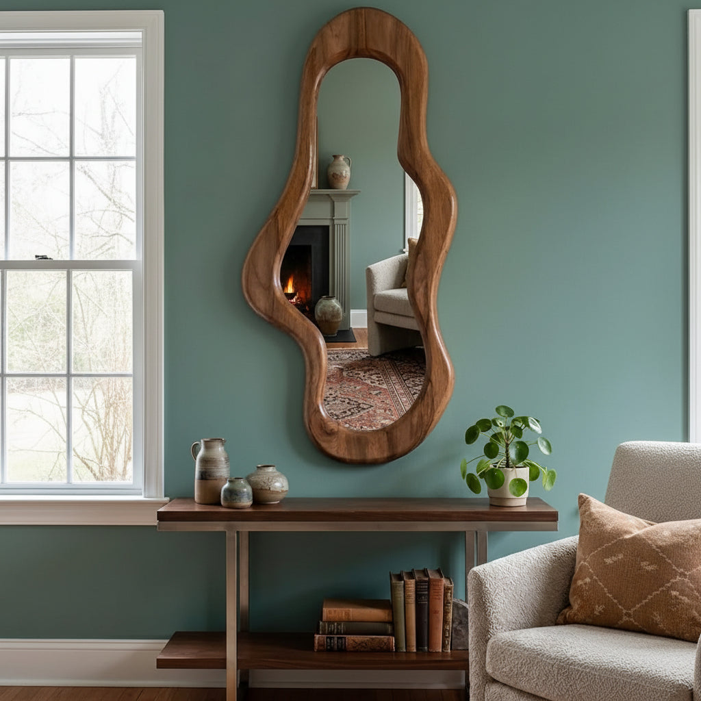 Modern Organic Shape Wooden Wall Mirror
