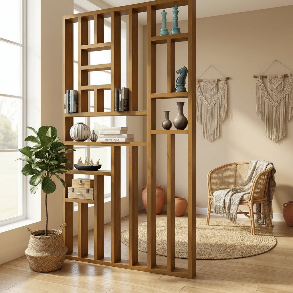 Wooden Room Divider with Display Rack (6×4 ft)