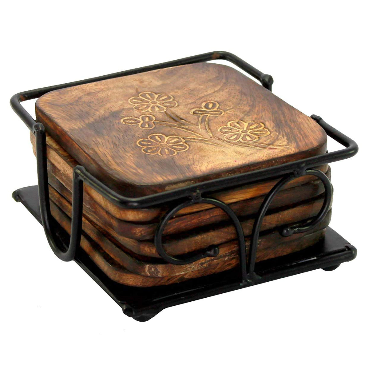 Wooden Tea & Coffee Coasters with Iron Holder – Sylvan Artistry