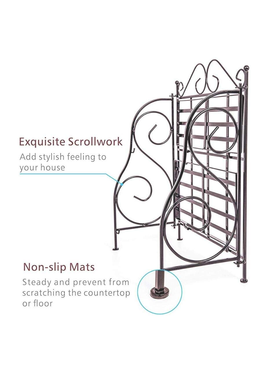 2-Tier Foldable Wrought and Cast Iron Spice Shelf Rack Kitchen Bathroom Countertop Storage Organizer (Brown)