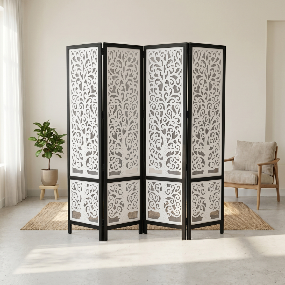 4-Panel Wooden Room Divider – White & Black