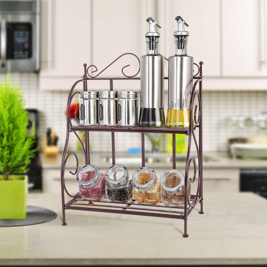 2-Tier Foldable Wrought and Cast Iron Spice Shelf Rack Kitchen Bathroom Countertop Storage Organizer (Brown)