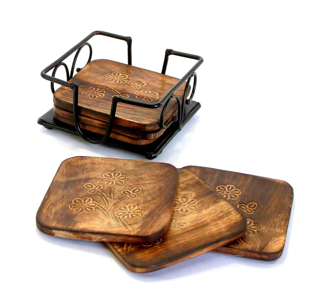 Wooden Tea & Coffee Coasters with Iron Holder
