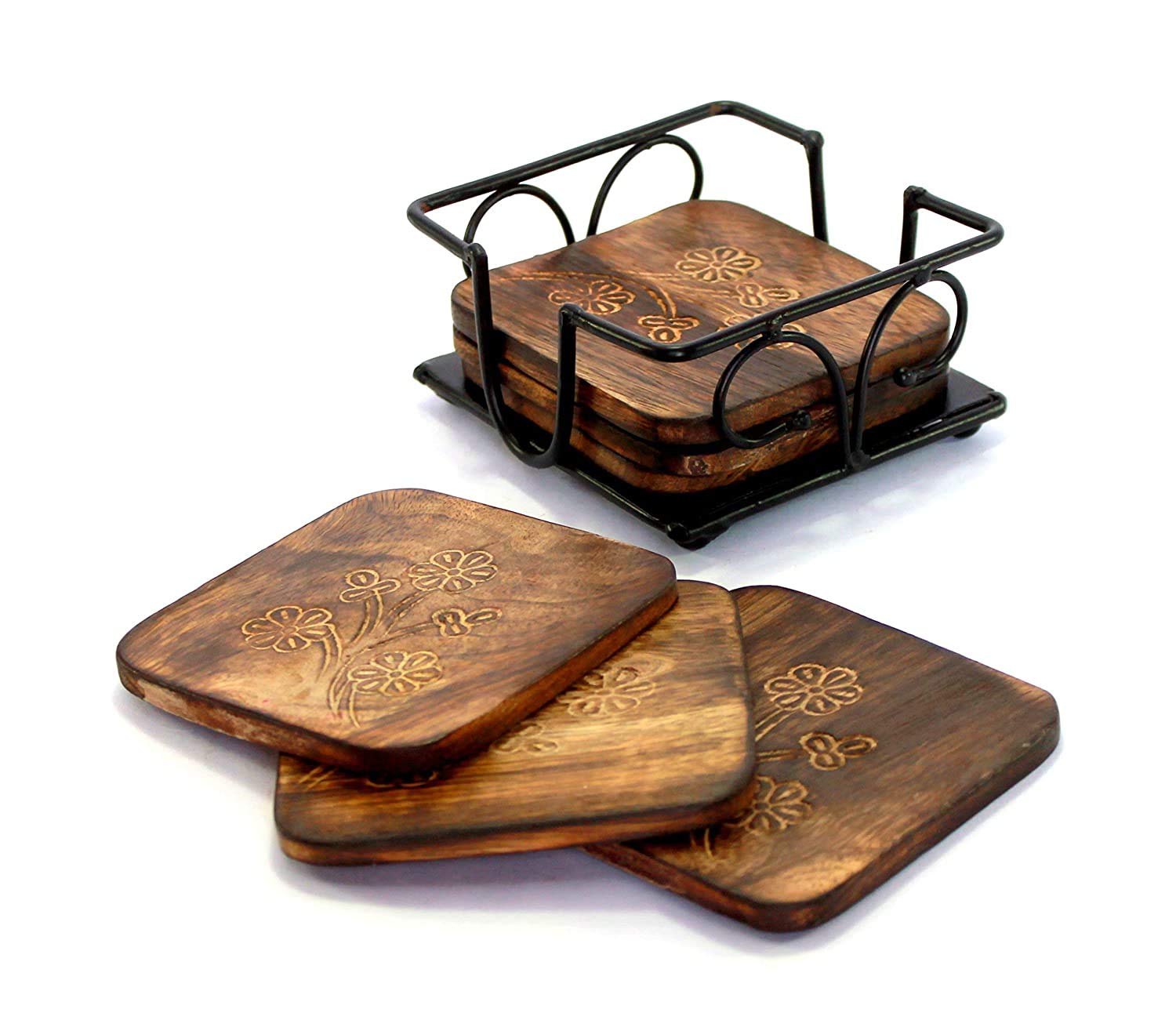 Fancy Mango Wooden Tea Coffee Coasters/Coaster Set/Coasters Set with Wrought Iron Holder
