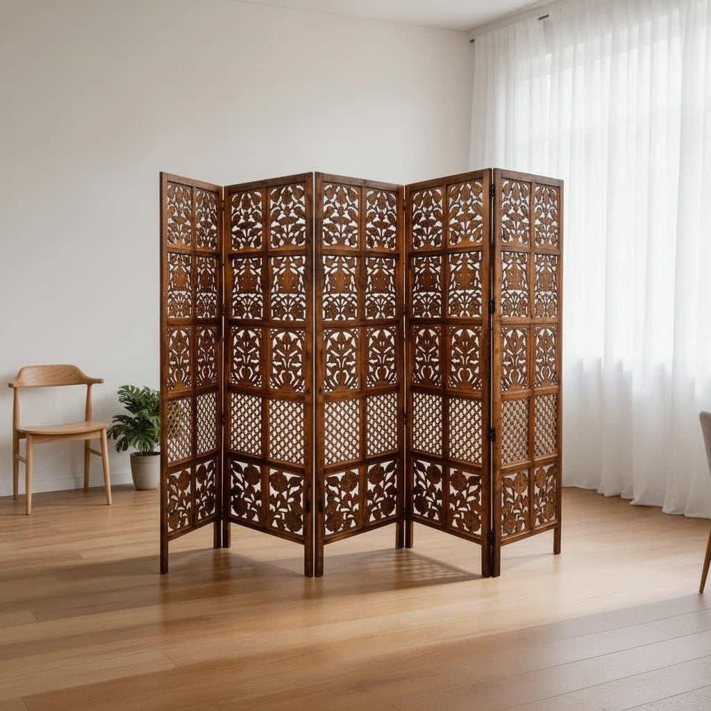 5-Panel Wooden Room Divider – Melamine Finish (Brown)