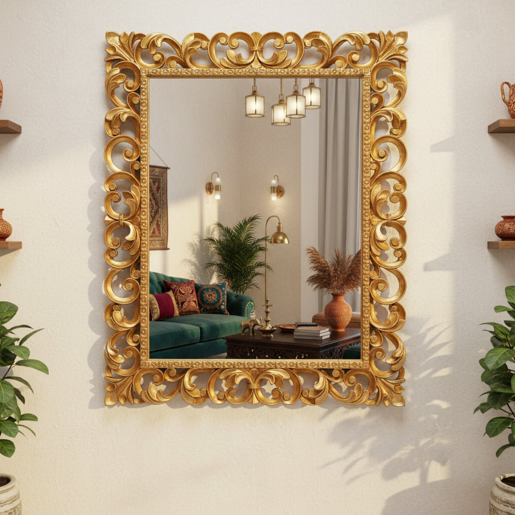 Royal Vintage Intricate Hand-Carved Wooden Mirror Frame