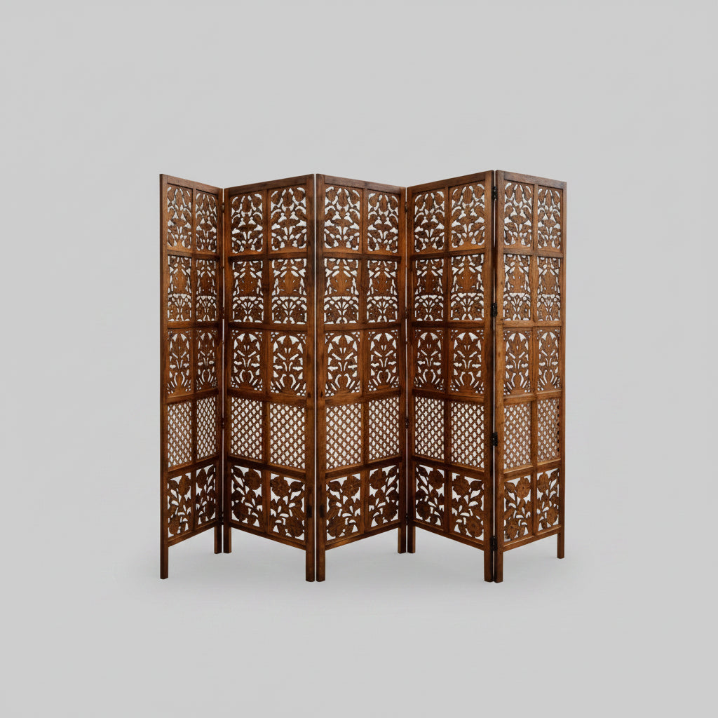 5-Panel Wooden Room Divider – Melamine Finish (Brown)