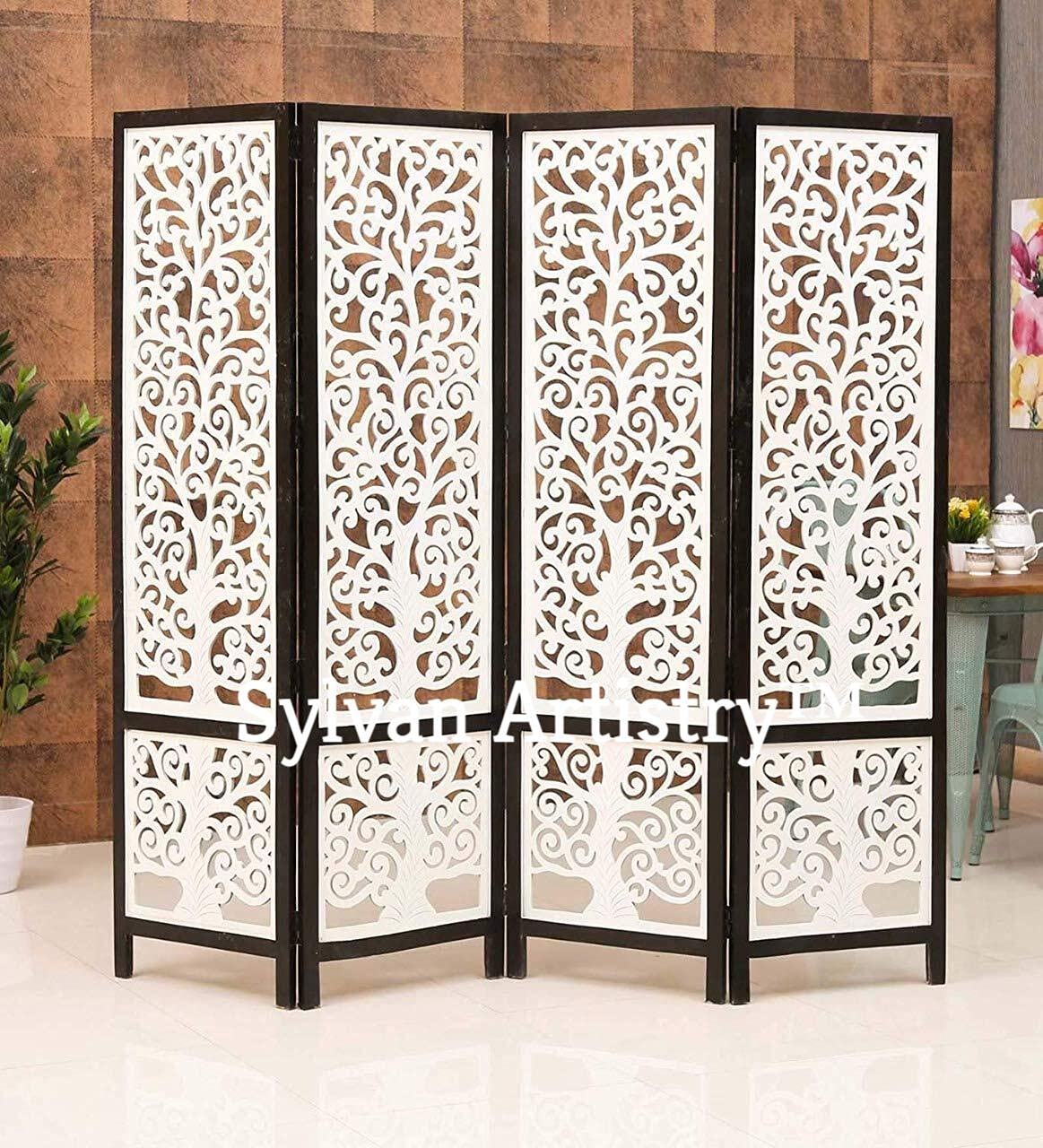 4-Panel Wooden Room Divider – White & Black