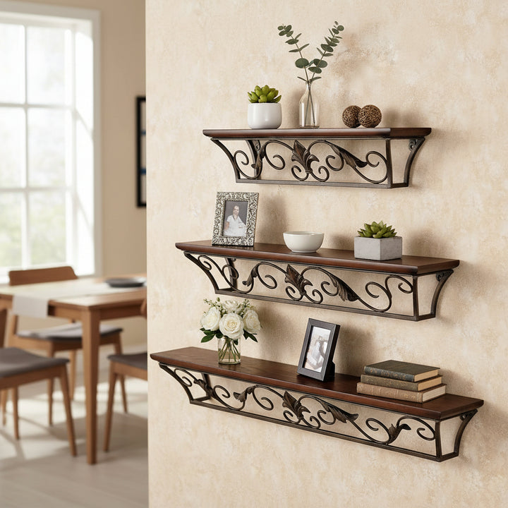 Wooden & Iron Floating Wall Shelves – Set of 3