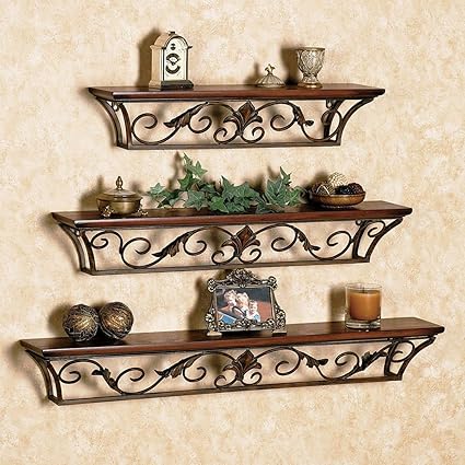 Wooden & Iron Floating Wall Shelves – Set of 3