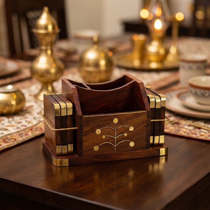 Wooden Brass Carved Coasters – Set of 6