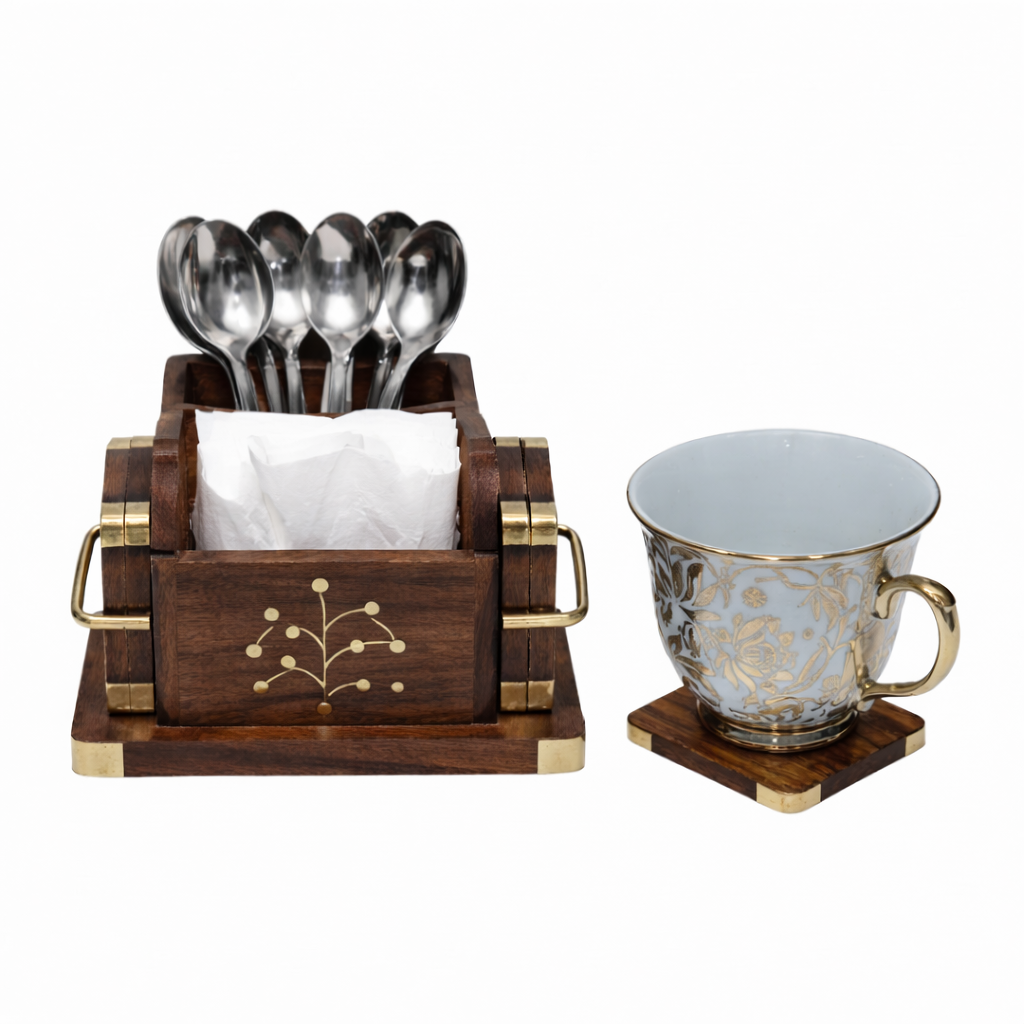 Wooden Brass Carved Coasters – Set of 6