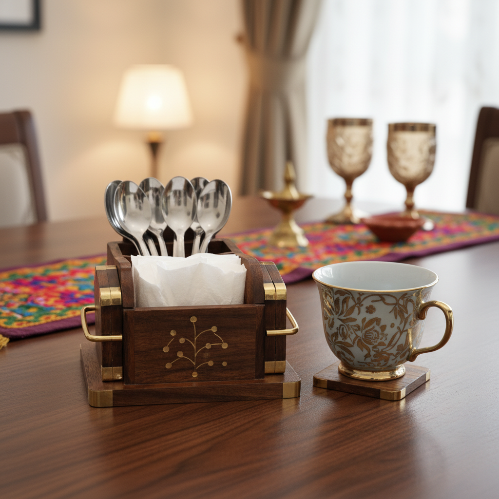 Wooden Brass Carved Coasters – Set of 6