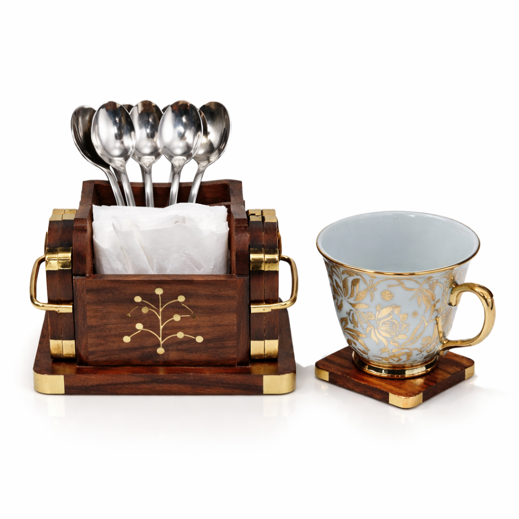 Wooden Brass Carved Coasters – Set of 6