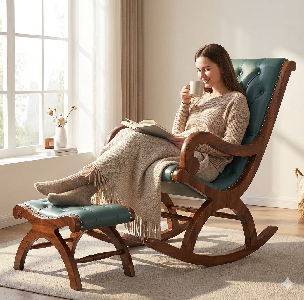 Teak Wood Rocking Chair with Footrest – Green Cushion