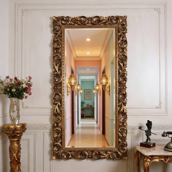 Vintage Style Gold Wooden Wall Mirror Frame {6 x 2.5 Feet (Frame Only)}